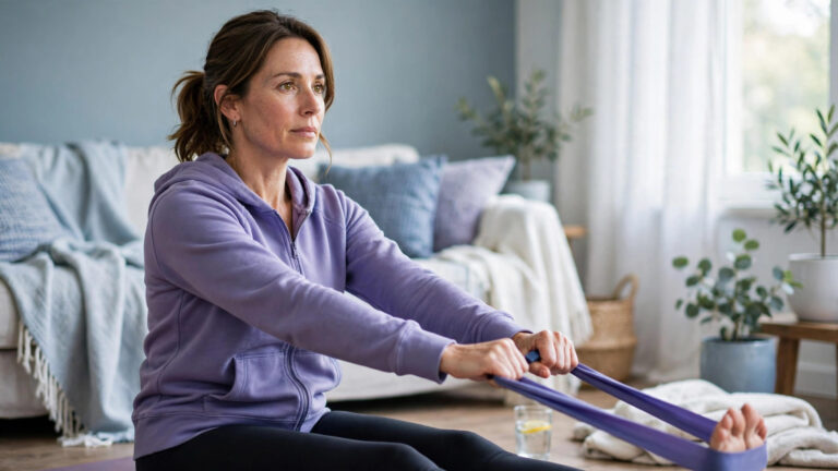 Woman doing gentle resistance band exercise at home in soft daylight