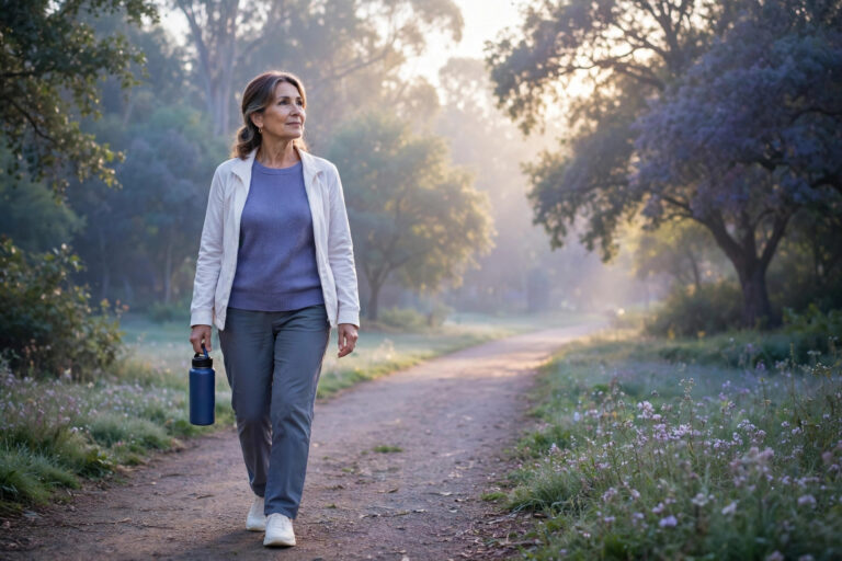Woman walking gently on a calm morning path in hopeful sunlight
