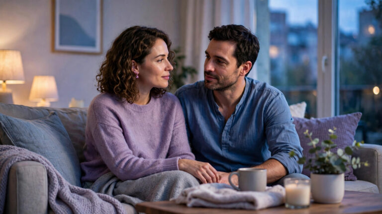 Couple sitting close together on a sofa talking warmly in soft evening light