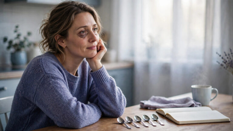 Woman at her kitchen table in soft morning light with teaspoons beside a notebook