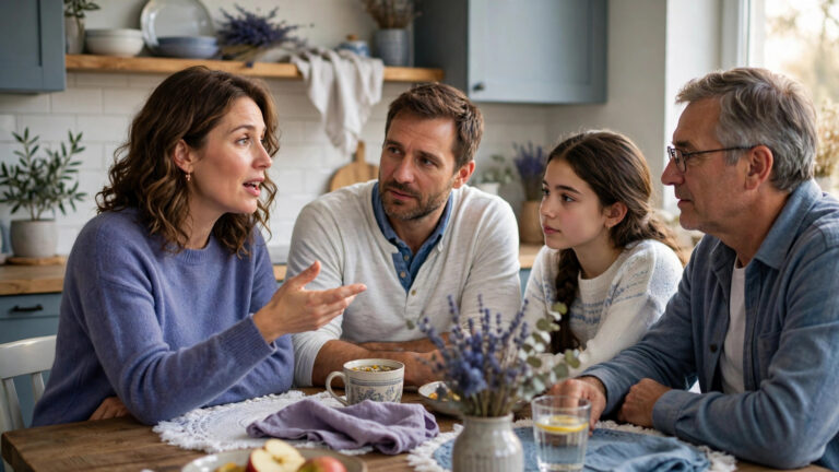 Woman talking earnestly with her family around a kitchen table