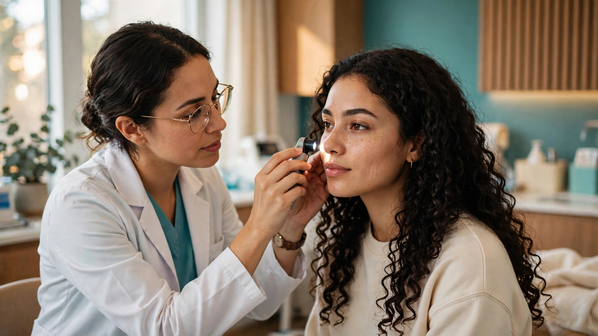 fibromyalgia and acne dermatologist examining facial skin at a clinic