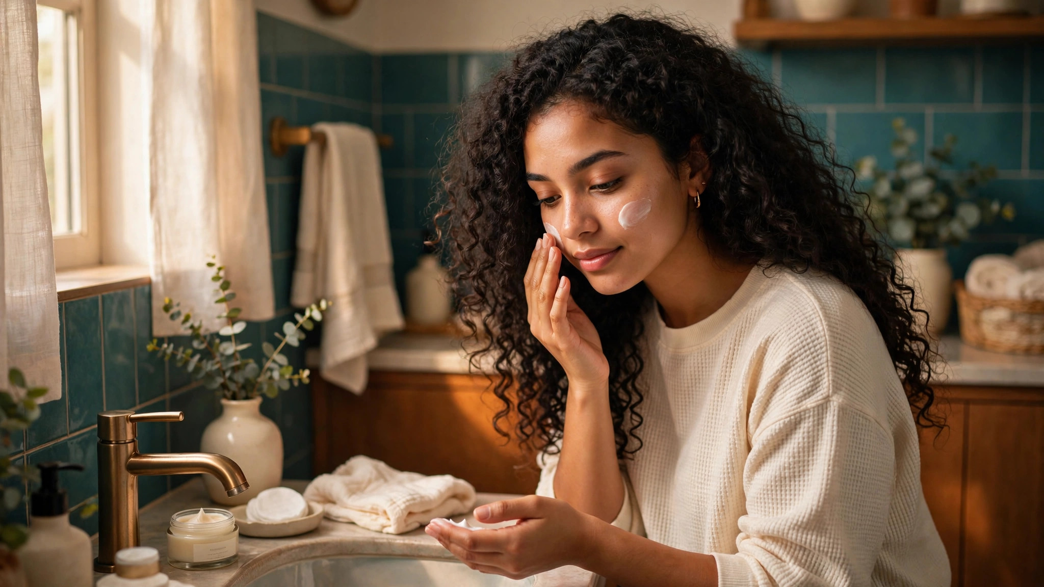 fibromyalgia and acne gentle skincare routine at the bathroom sink