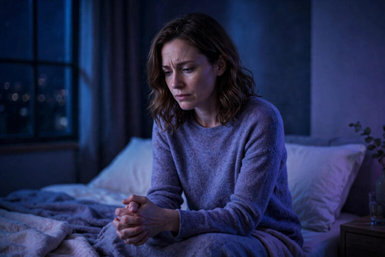 Woman sitting on her bed at night with hands clasped looking tense