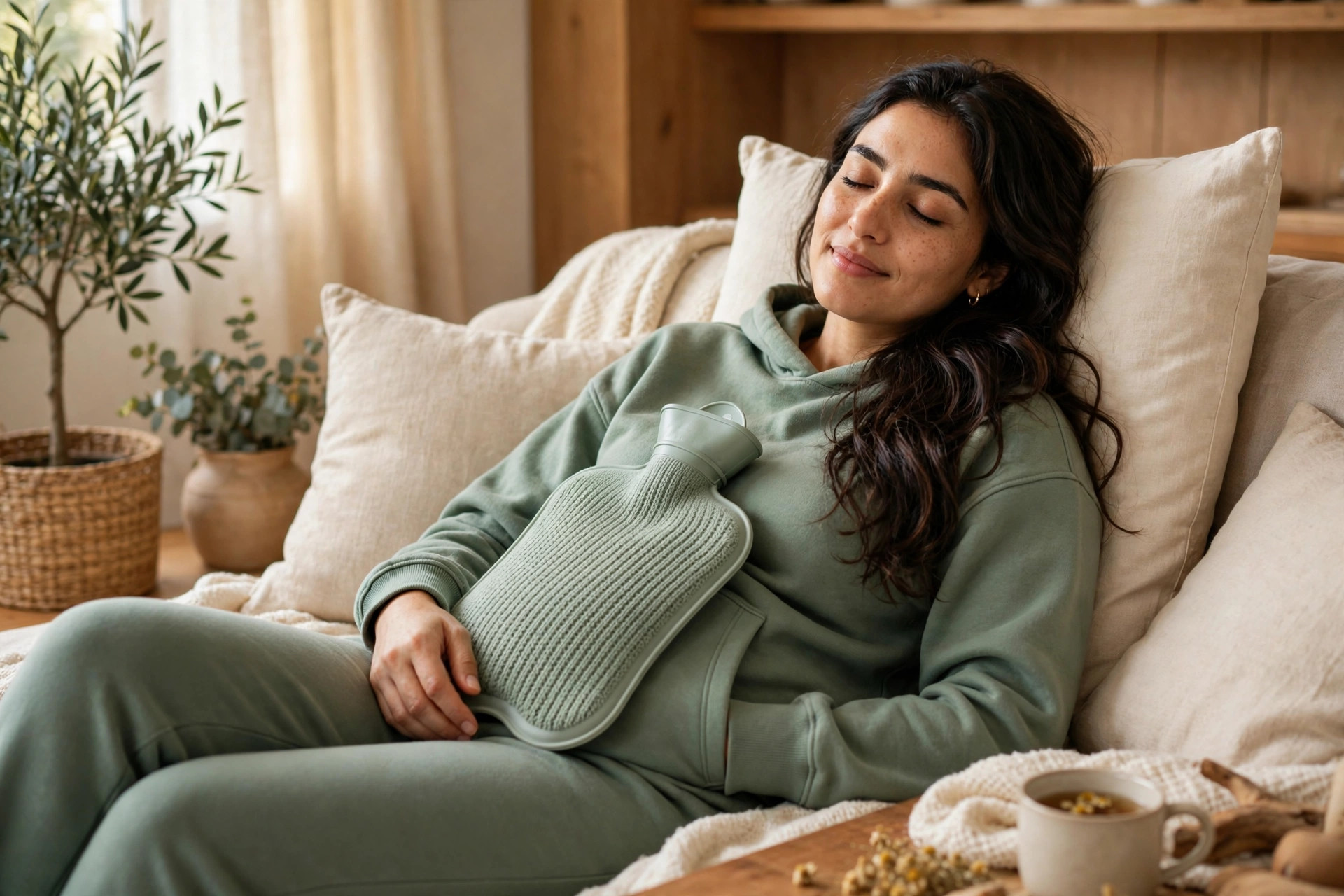 fibromyalgia and bloating resting with a hot water bottle on the belly