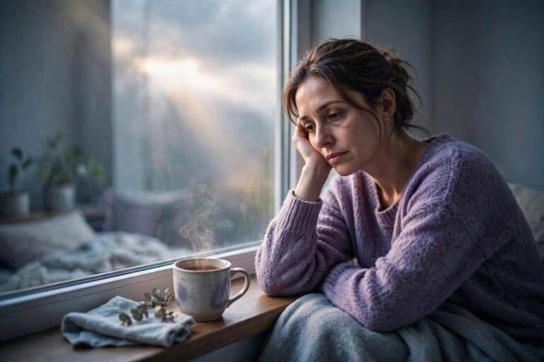 Woman sitting by a window in soft light looking low and tired with tea beside her