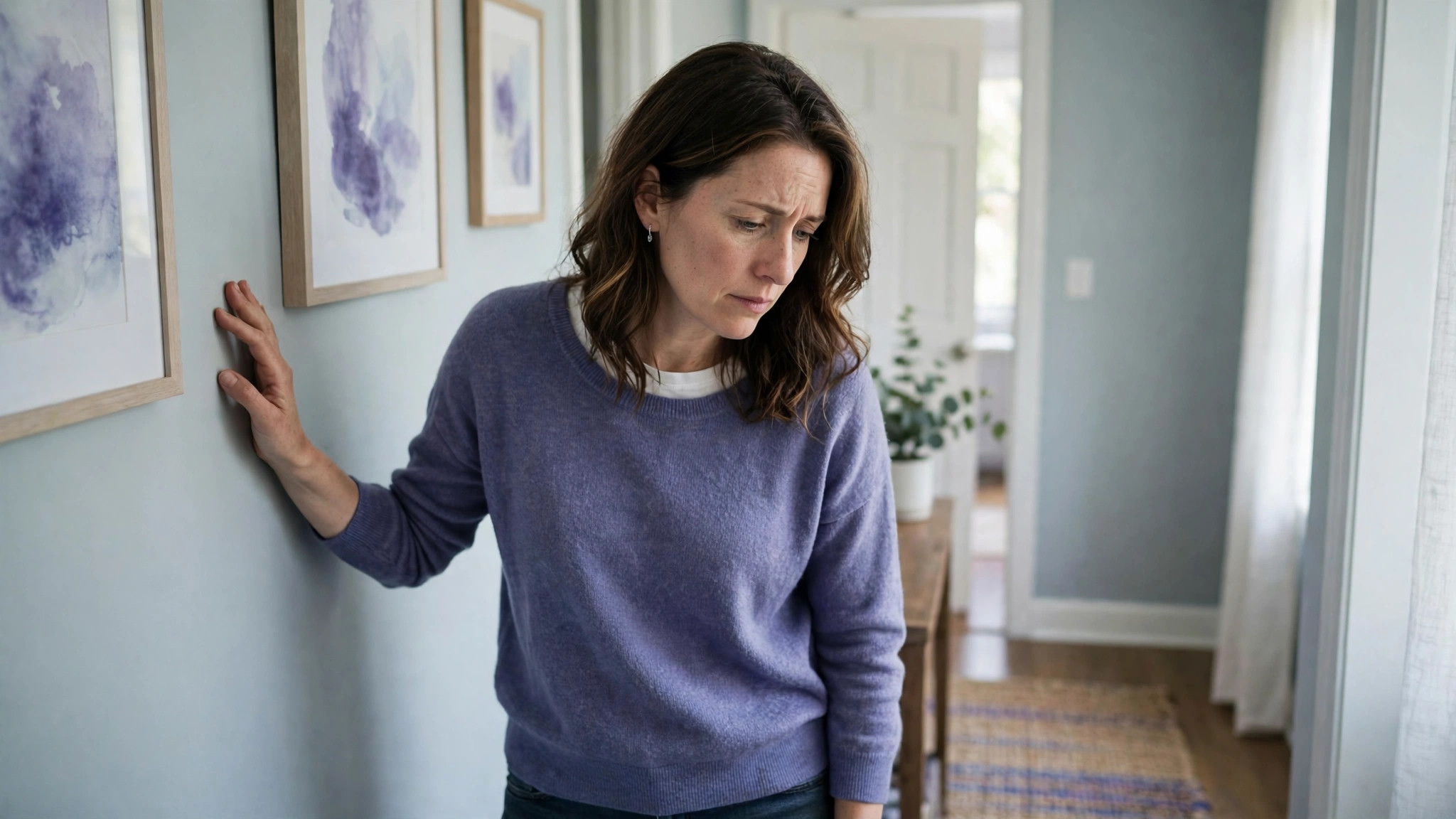 fibromyalgia and dizziness steadying herself on a wall at home