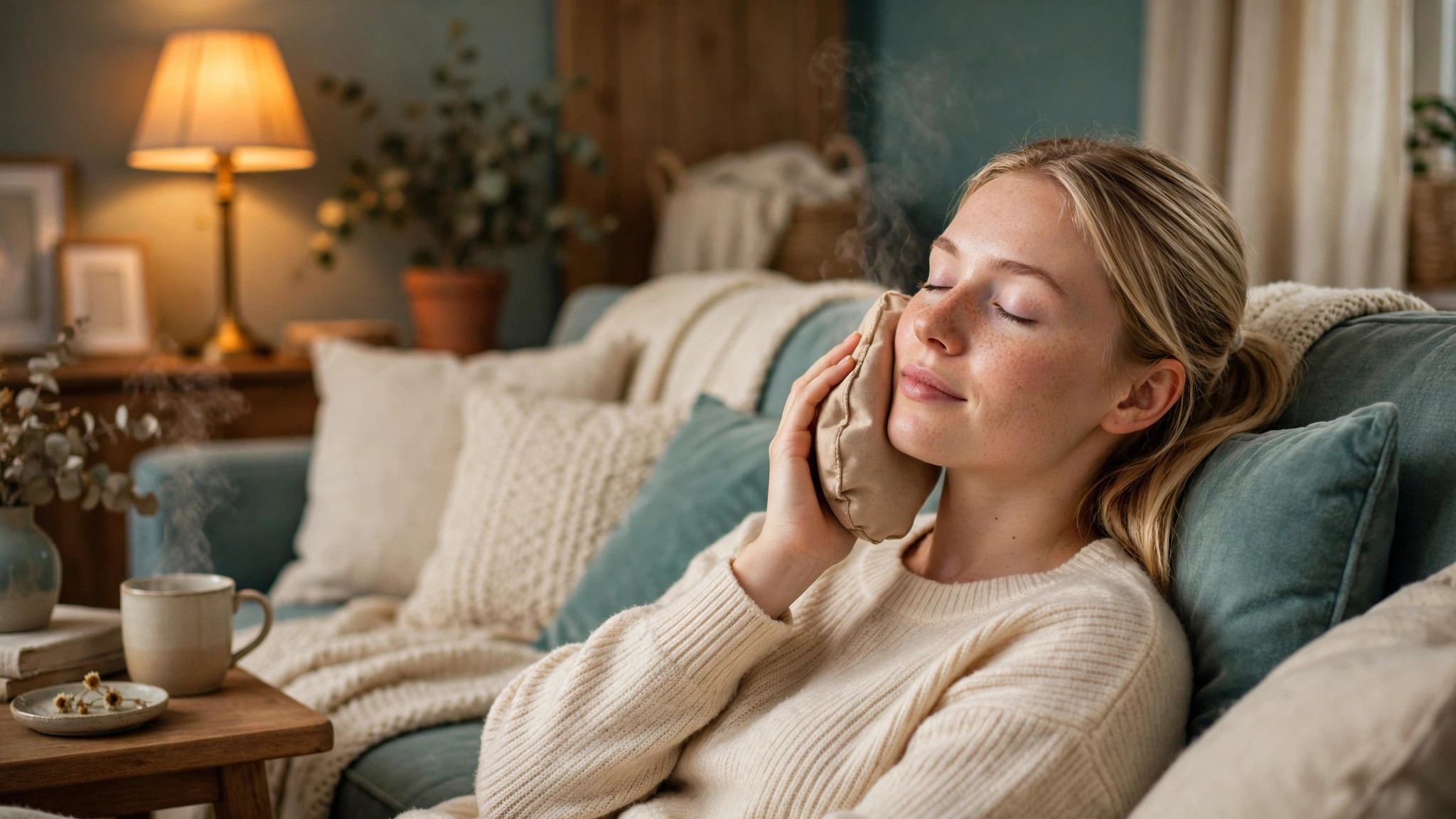 fibromyalgia and ear pain resting with a warm compress on the ear