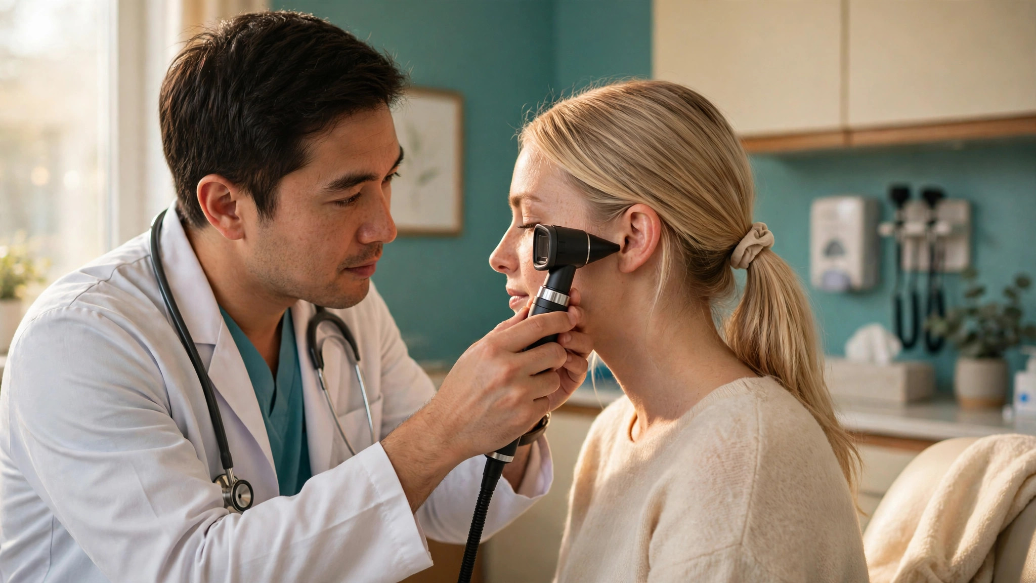 fibromyalgia and ear pain ENT doctor examining the ear with an otoscope