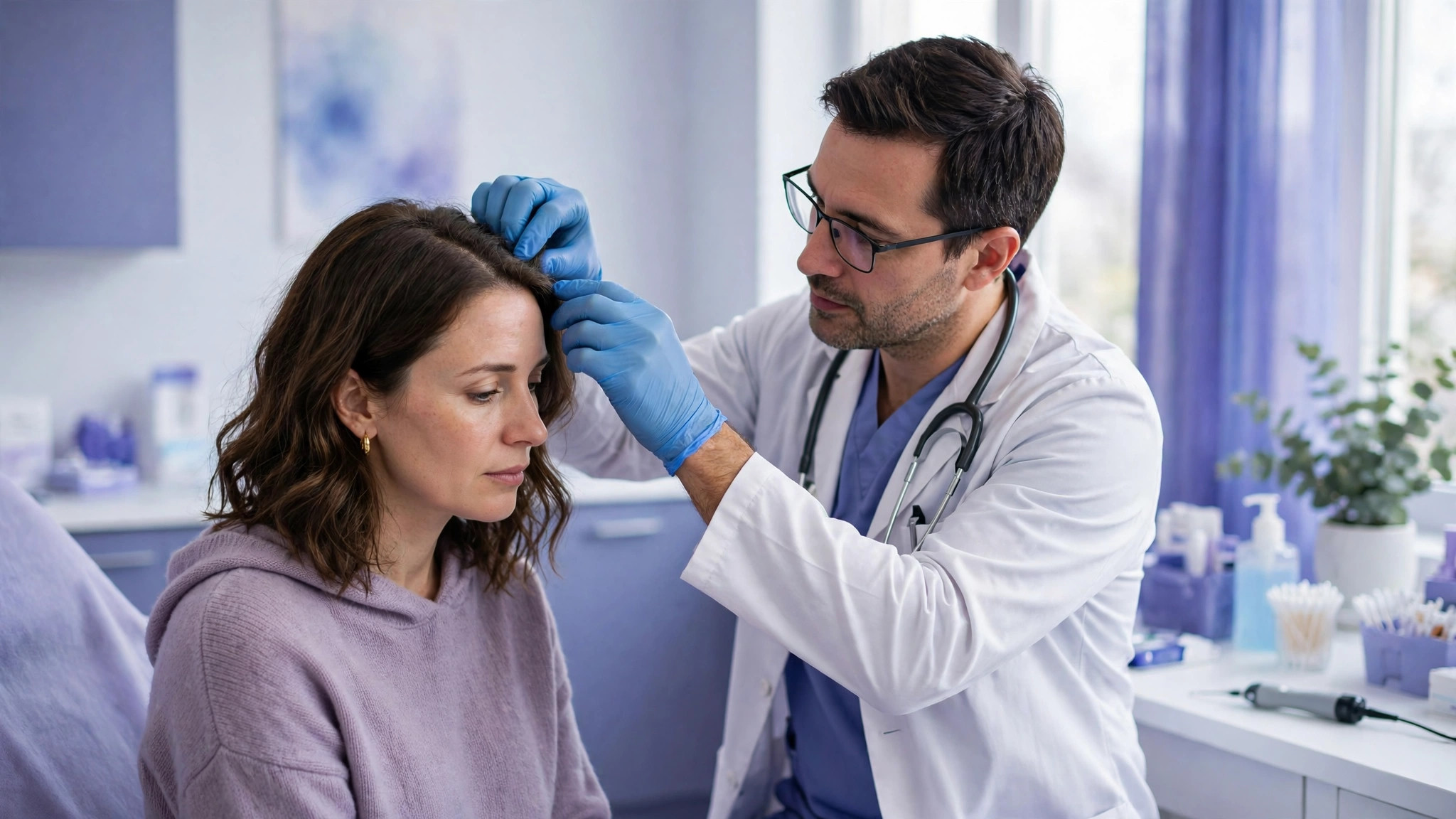 fibromyalgia and hair loss scalp examination at a clinic