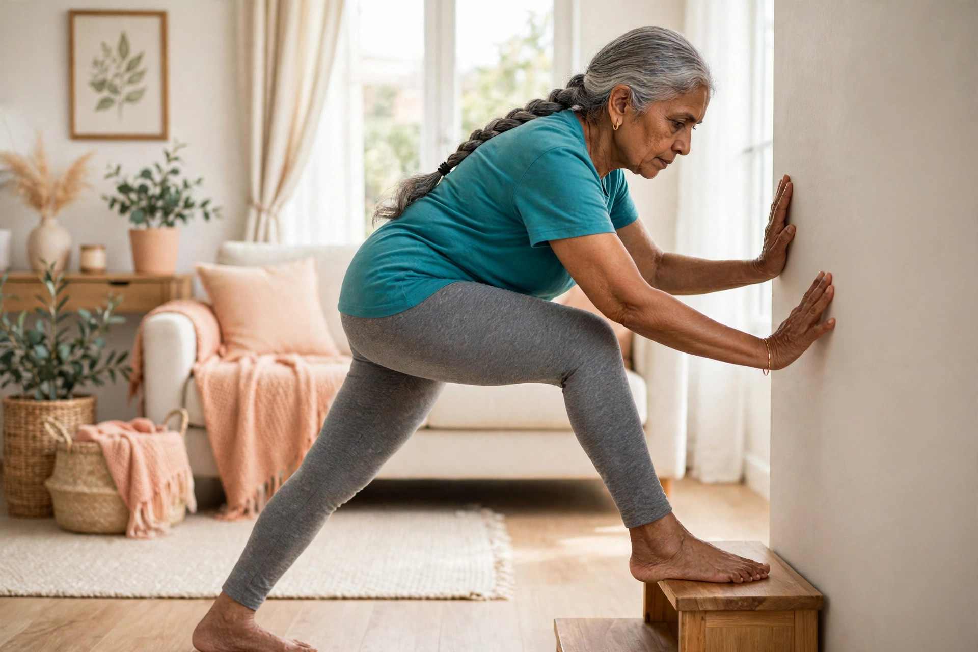 fibromyalgia and heel pain calf stretch exercise on a step
