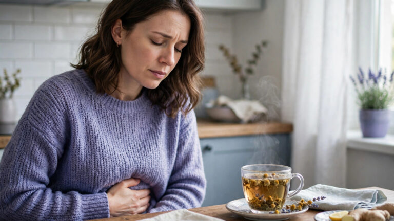 Woman at a kitchen table holding her stomach in discomfort with herbal tea nearby