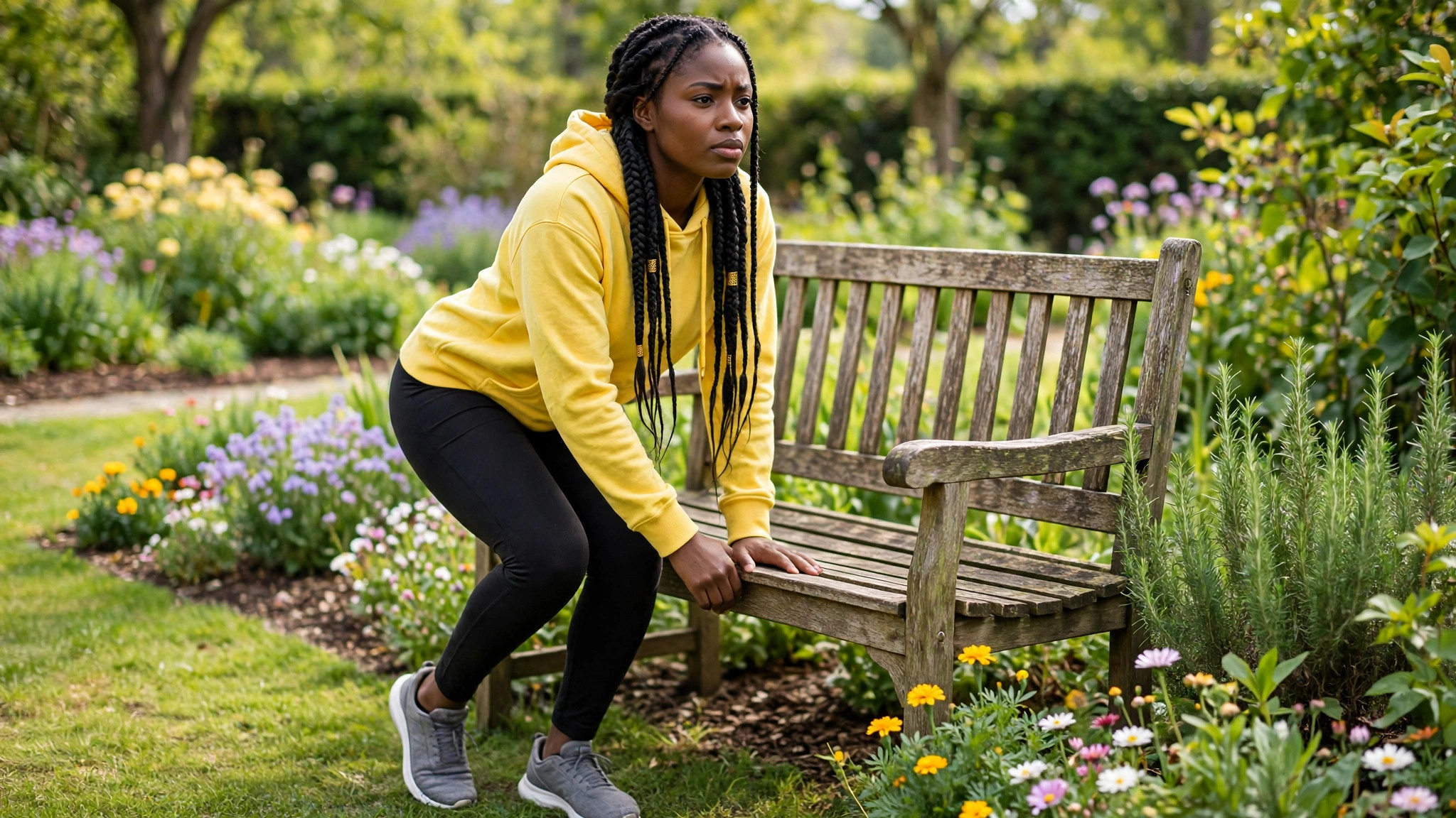 fibromyalgia and knee pain sit to stand exercise on a garden bench