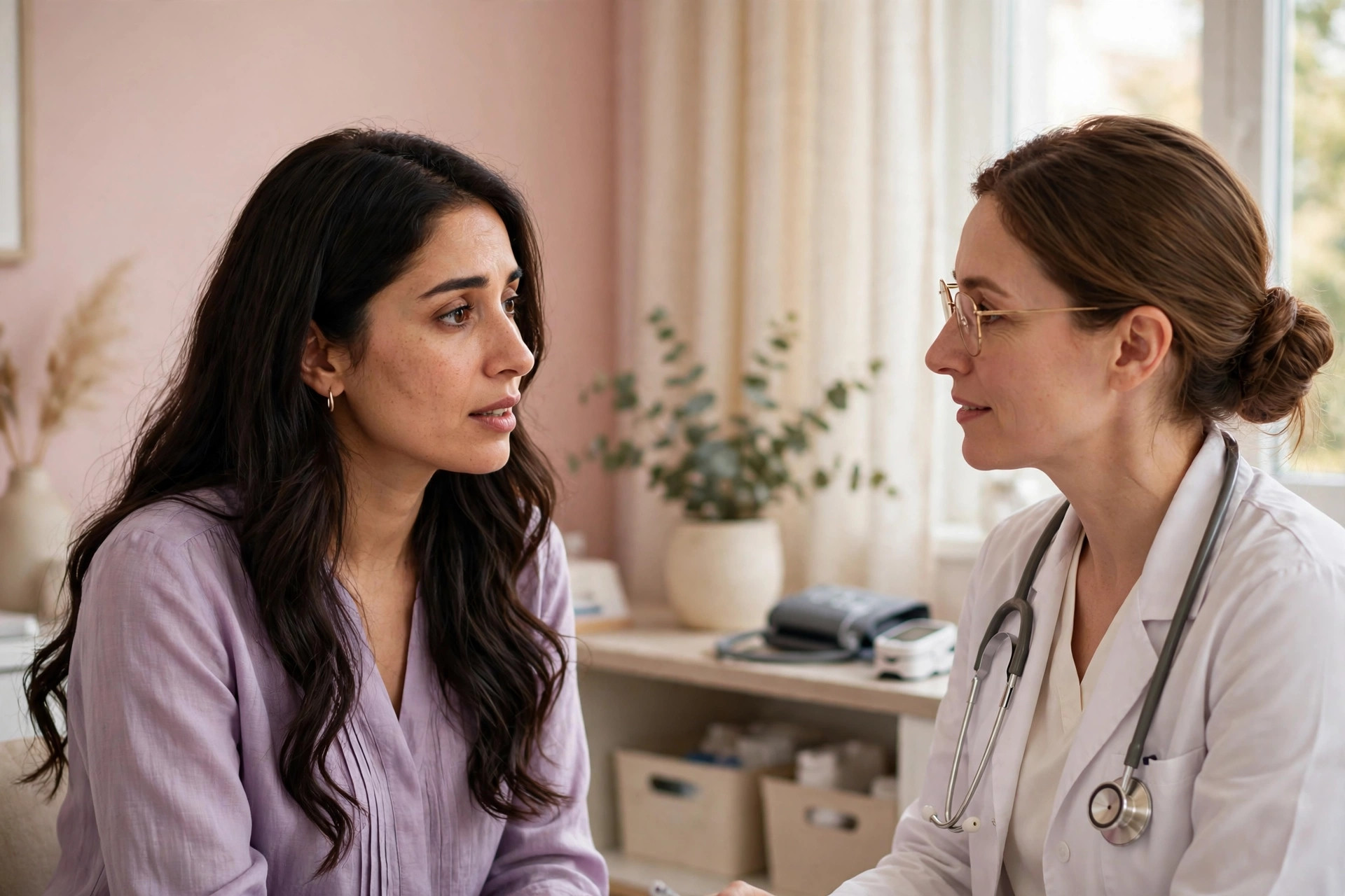 fibromyalgia and period pain talking with a doctor at a clinic