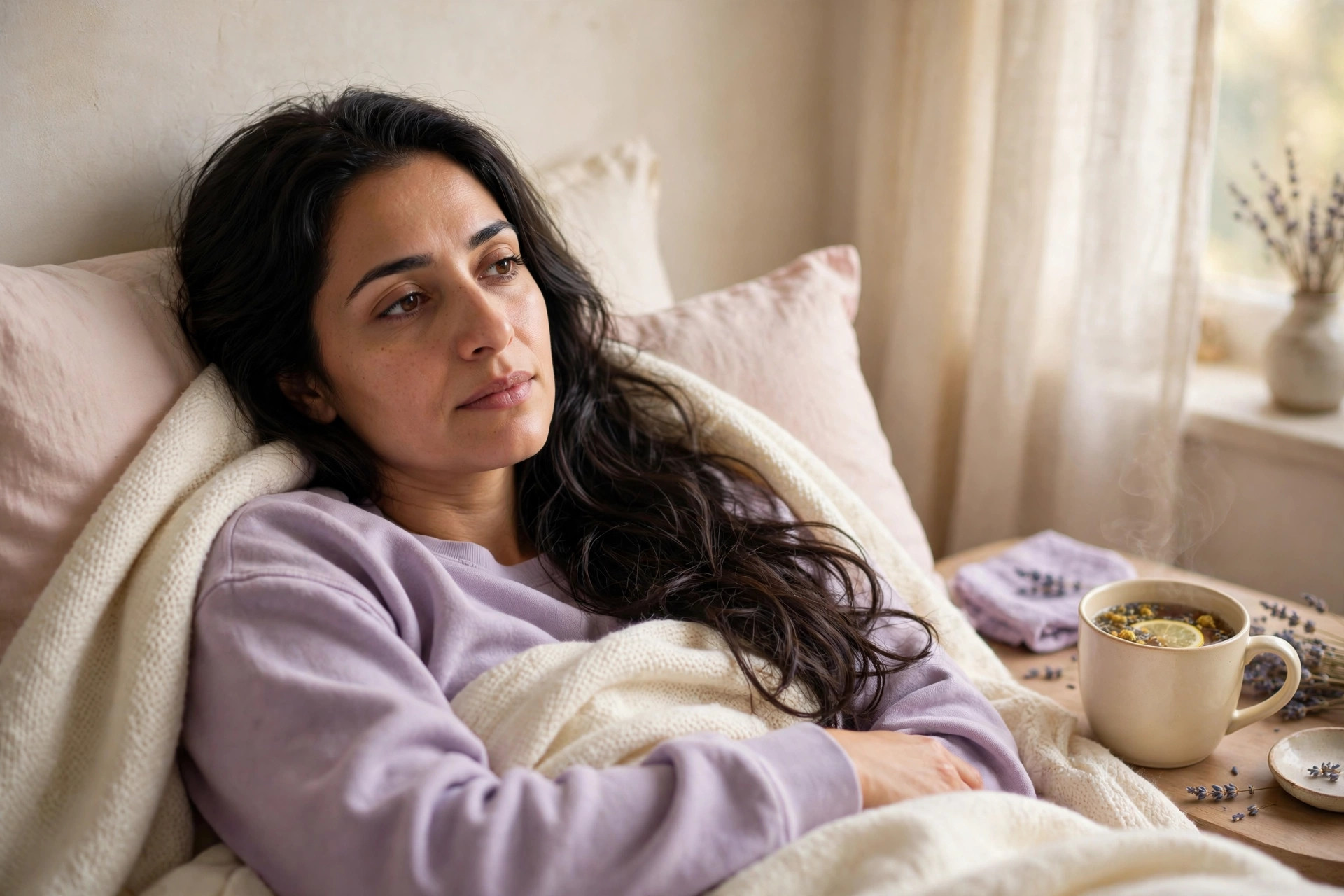fibromyalgia and period pain resting in bed with herbal tea
