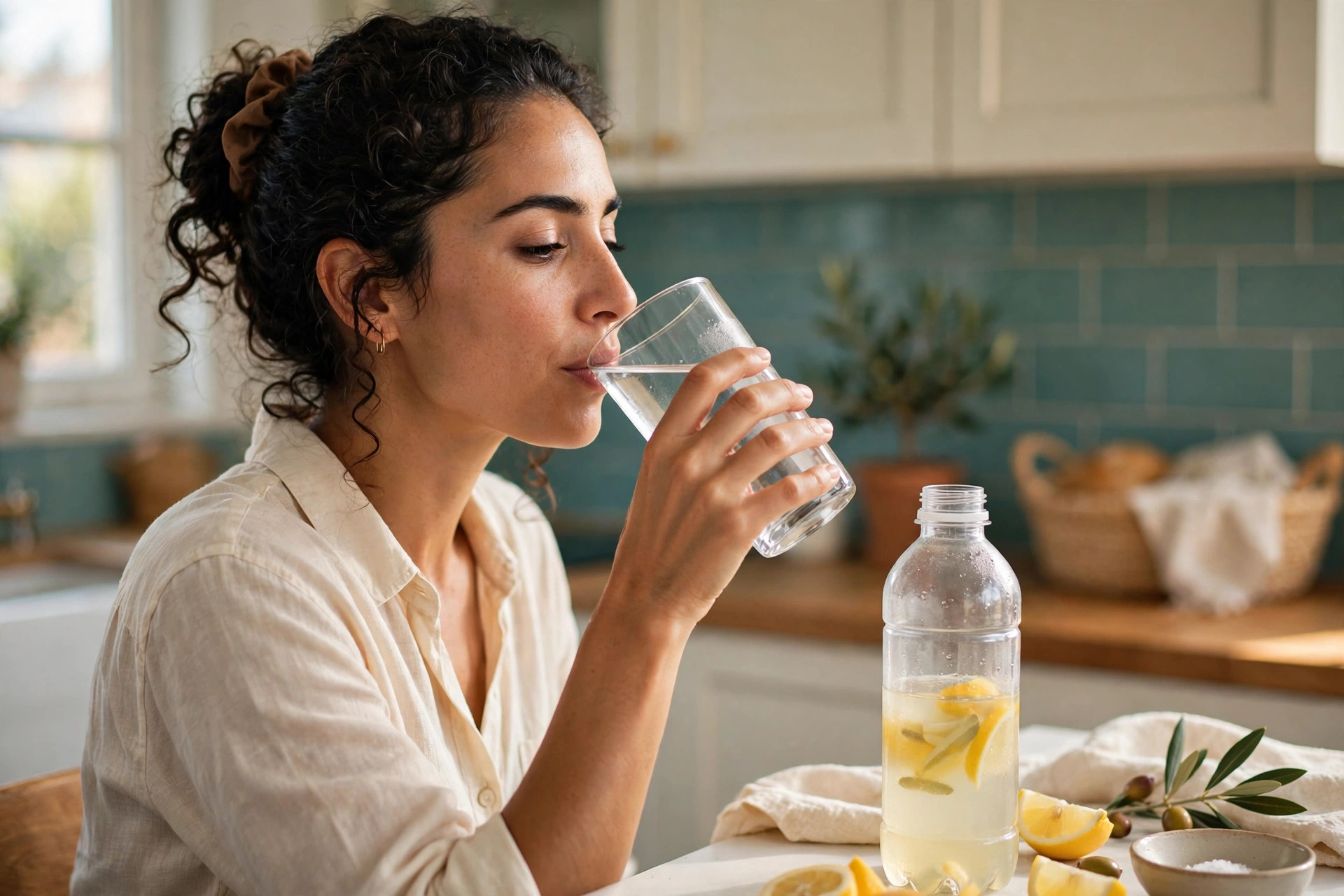 fibromyalgia and pots drinking water and electrolytes at the kitchen counter