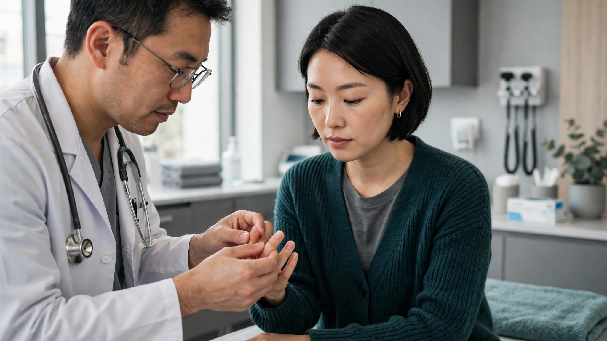 fibromyalgia and raynaud's doctor examining fingers in a clinic