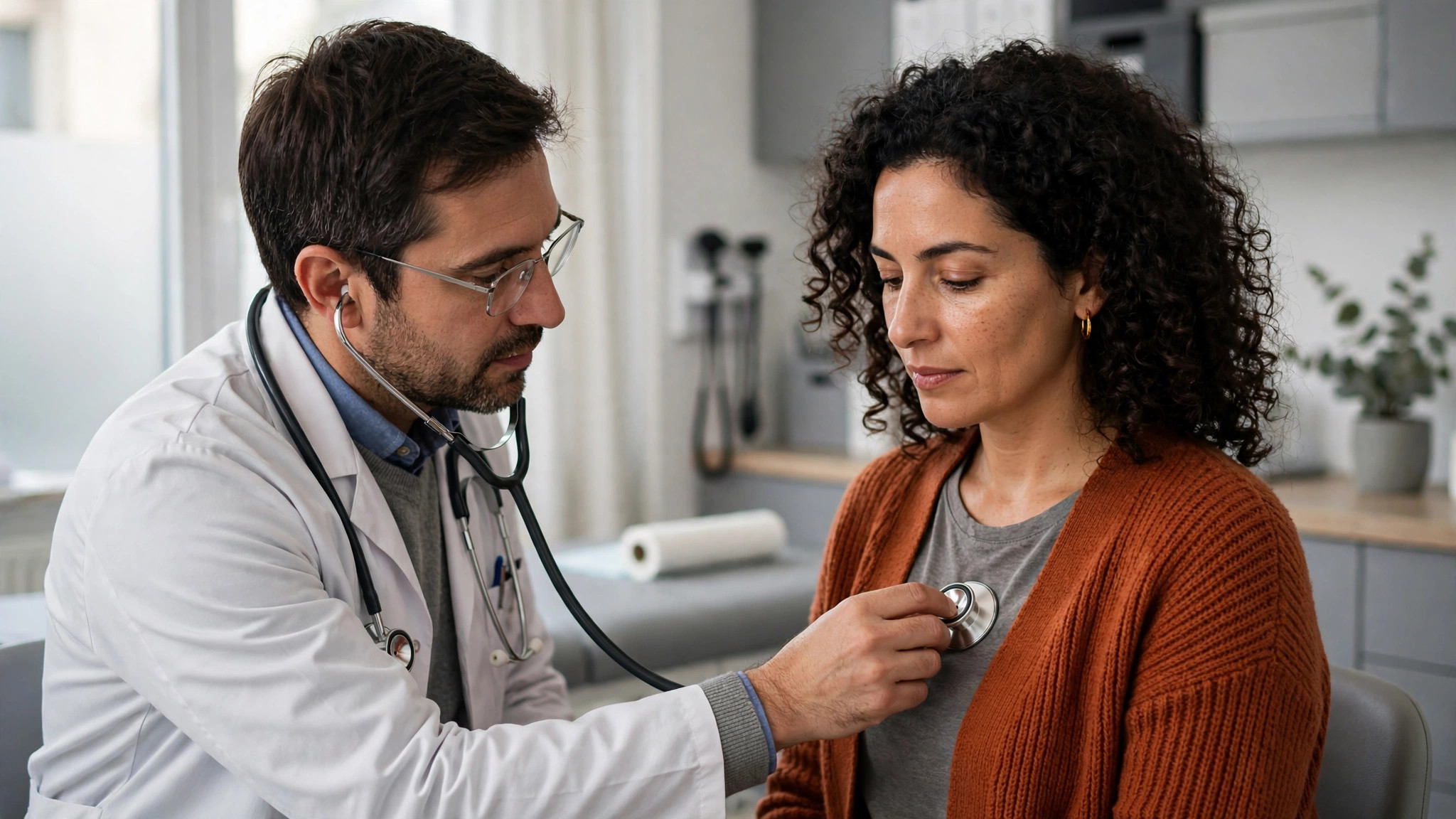 fibromyalgia and rib pain doctor listening to the chest with a stethoscope