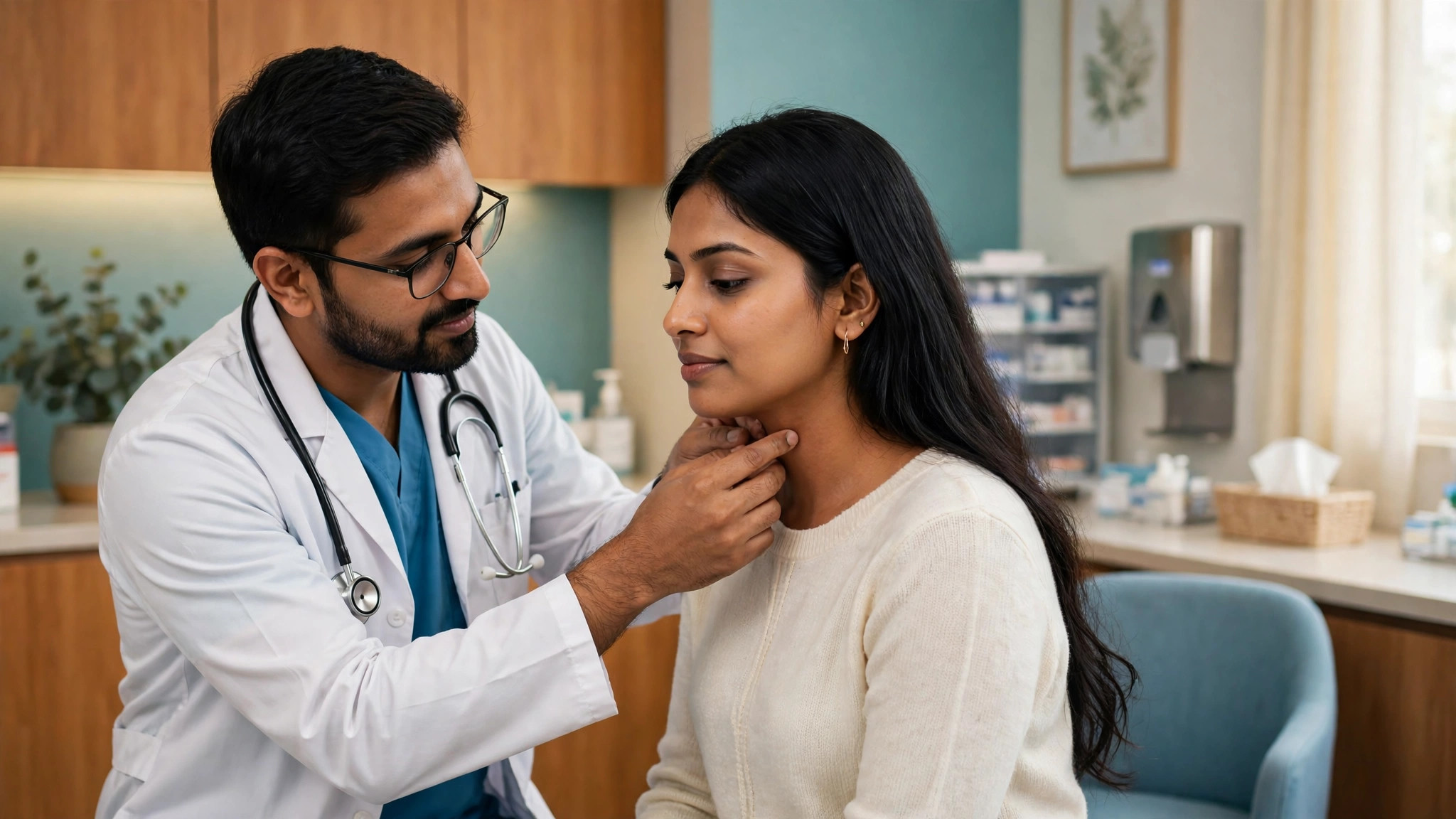 fibromyalgia and swollen glands doctor examining neck glands at a clinic