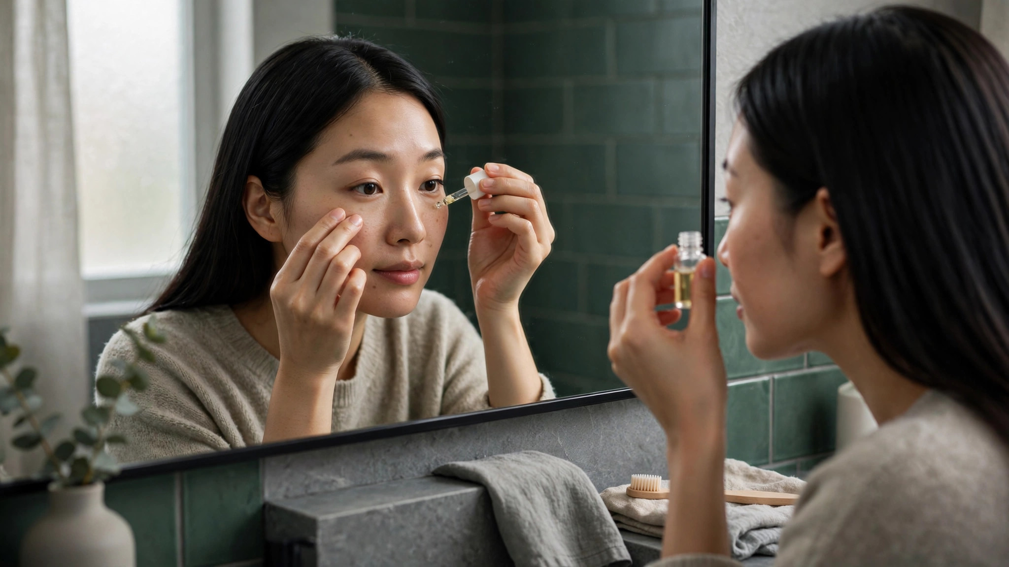 fibromyalgia and watery eyes applying lubricating eye drops at a mirror