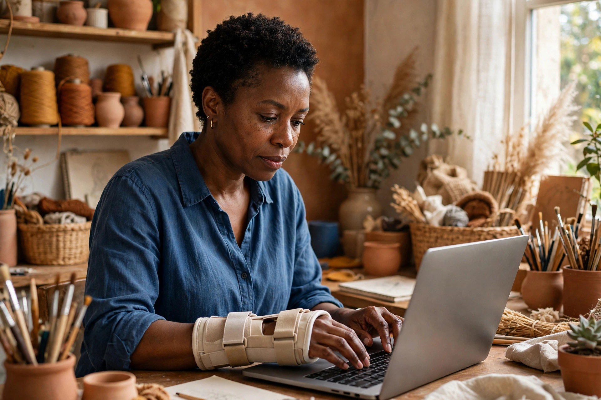fibromyalgia and wrist pain typing with a wrist splint at a laptop