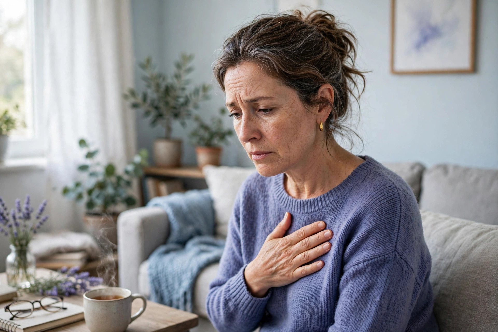Woman at home with her hand resting on her chest with a concerned expression