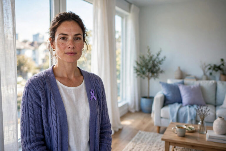 Confident woman standing by a bright window at home with soft hopeful light