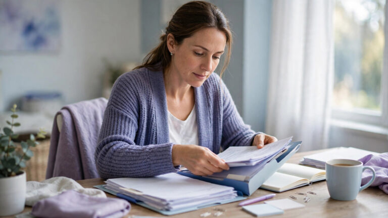 Woman at a desk organising medical paperwork and a notebook