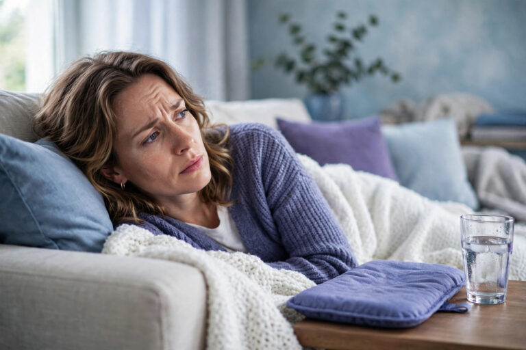 Woman lying on a sofa during a pain flare with a heat pad beside her