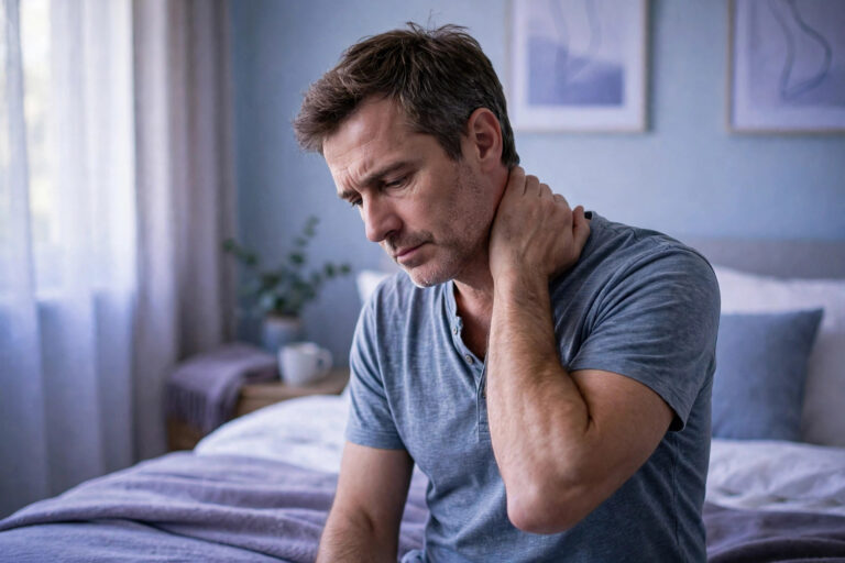 Man sitting on the edge of his bed in the morning holding his aching neck