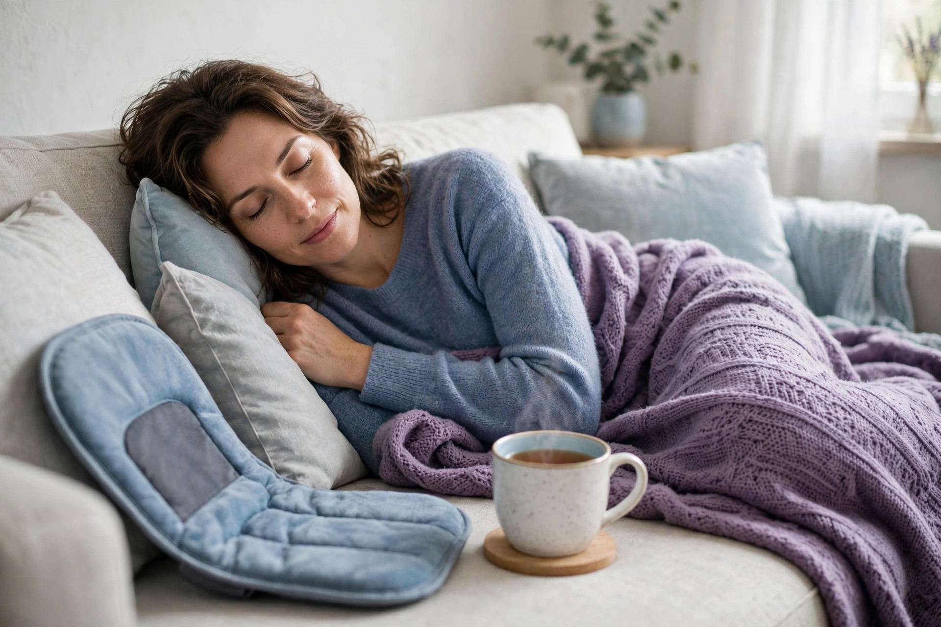Woman with fibromyalgia resting on a sofa under a purple blanket with a mug of tea and a heat pad on a bad day