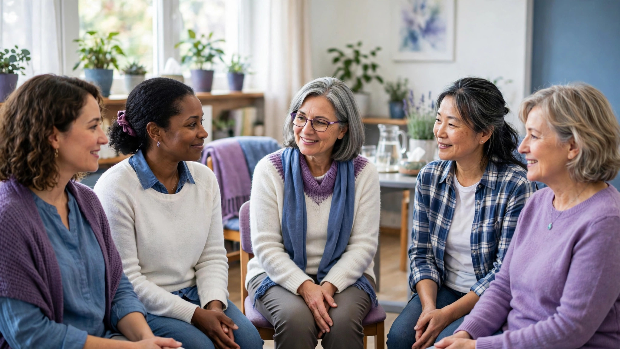Small friendly support group of women sitting in a circle in a bright community room