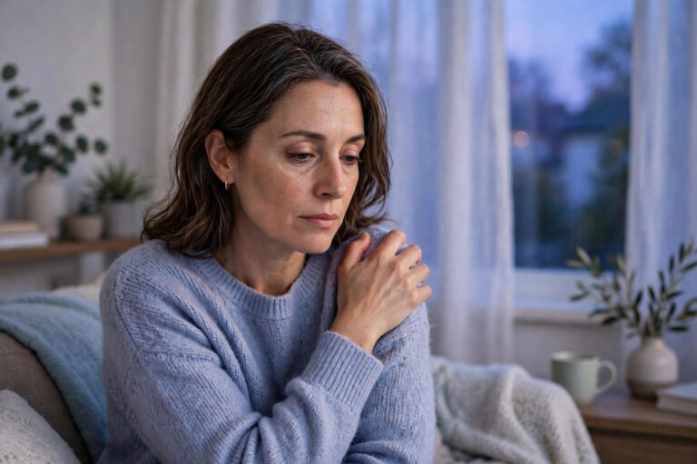 Woman at home holding her aching shoulder with a tired expression