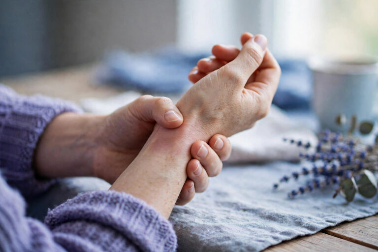 Close view of a woman gently holding her sore wrist at a table