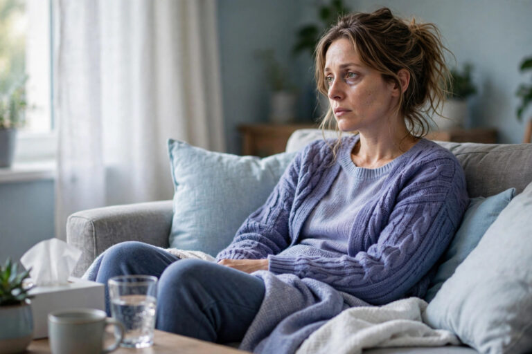 Woman resting on a sofa in soft daylight looking deeply exhausted