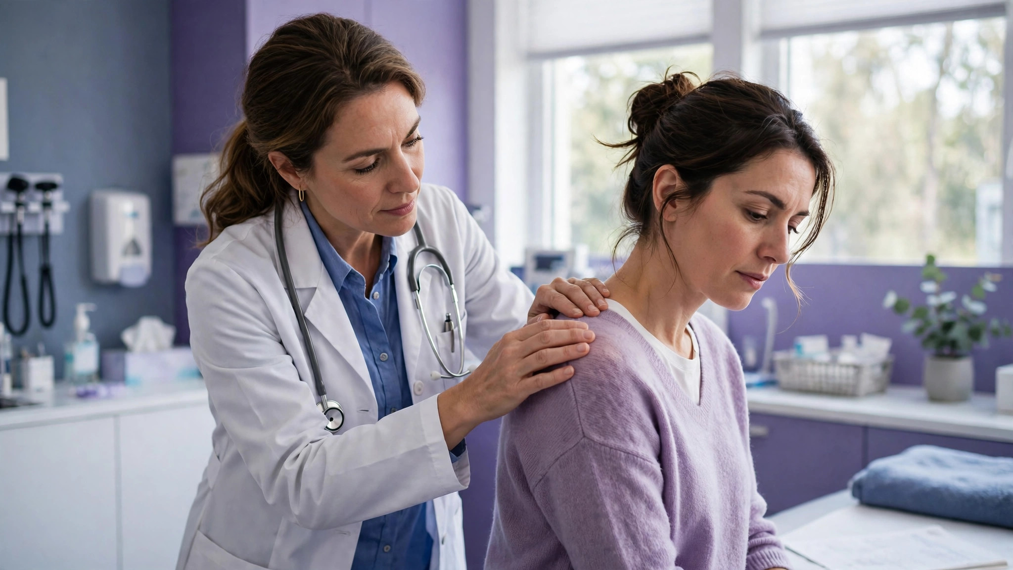 Doctor gently examining a woman patient's shoulder tender point