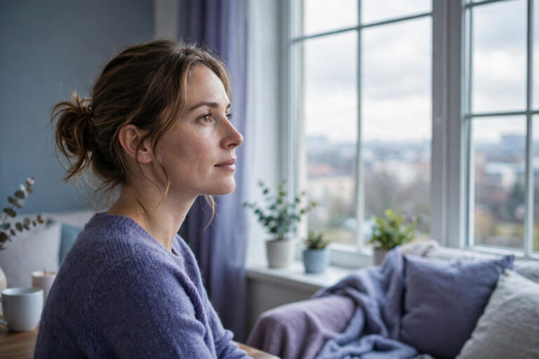 Woman looking out of a window with a quiet determined expression