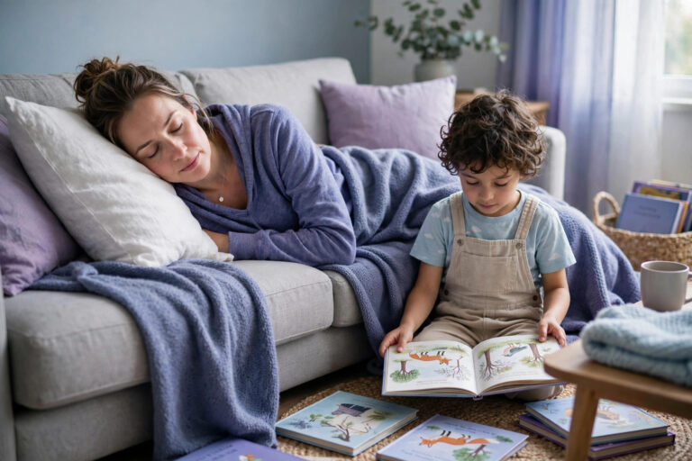 Mother resting on a sofa while her child plays quietly beside her