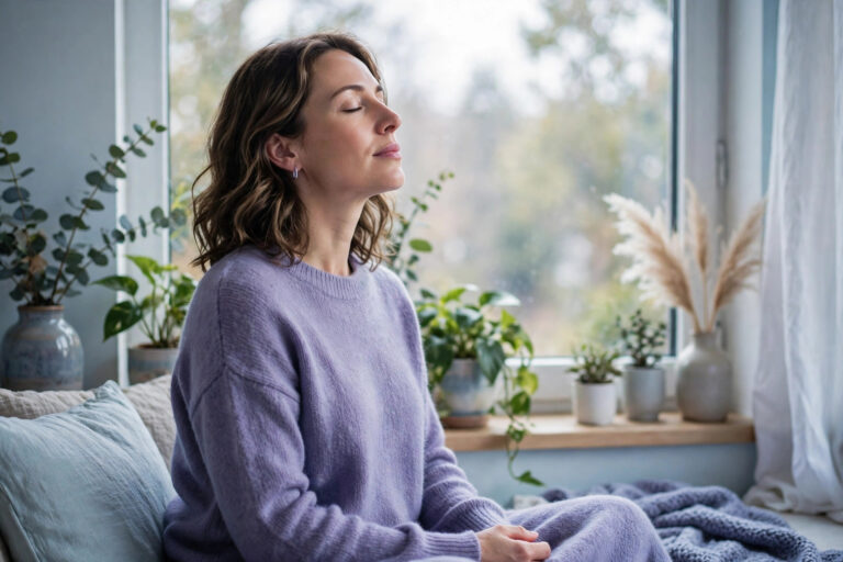 Woman sitting calmly with eyes closed doing slow breathing by a window