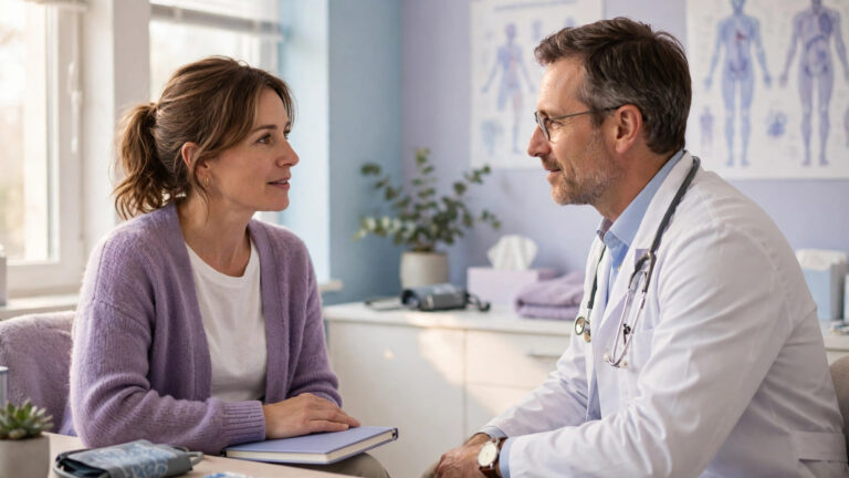 Woman with fibromyalgia talking honestly with her doctor in a consultation room, symptom diary notebook on her lap