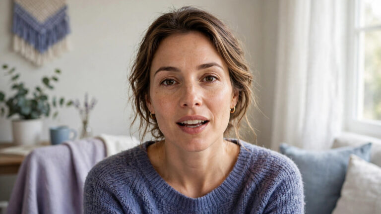 Woman speaking honestly in a bright calm room with a sincere expression