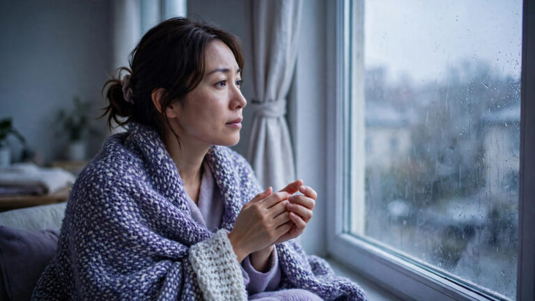 Woman wrapped in a blanket looking out at rainy weather rubbing her aching hands