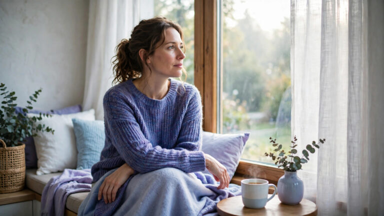 Woman with fibromyalgia sitting thoughtfully by a window in soft morning light