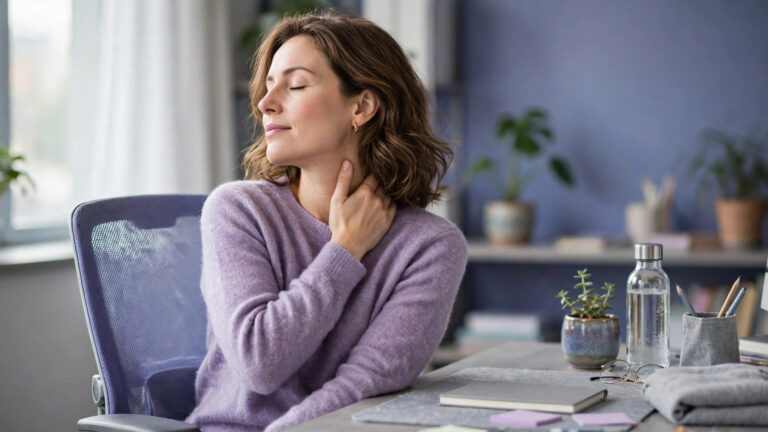 Woman at an office desk stretching her neck during a break
